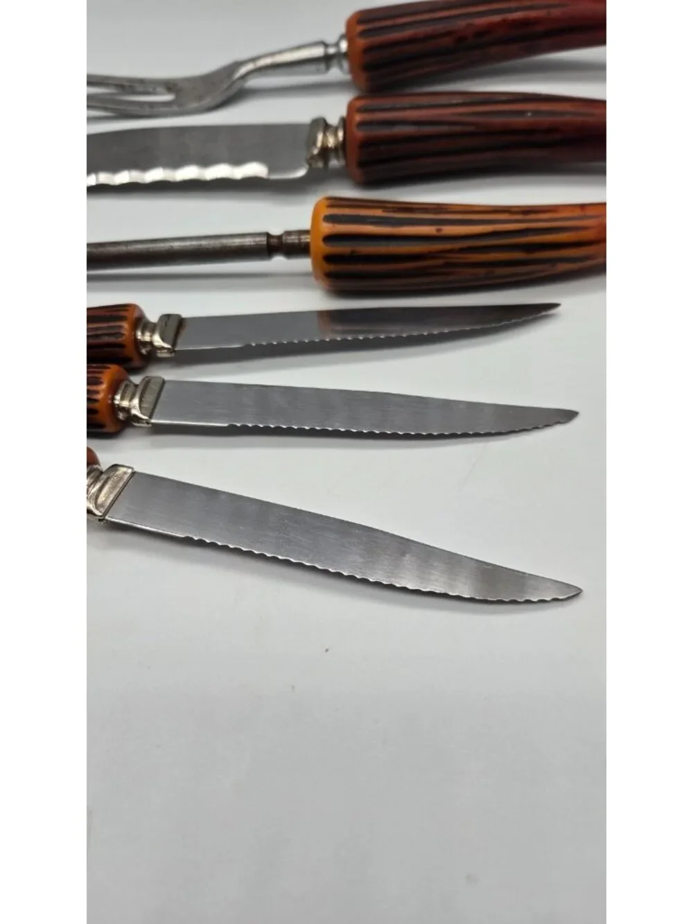 Vintage Regent Sheffield Carving Set 6 Pc Faux Stag Horn Handle Steak Knives